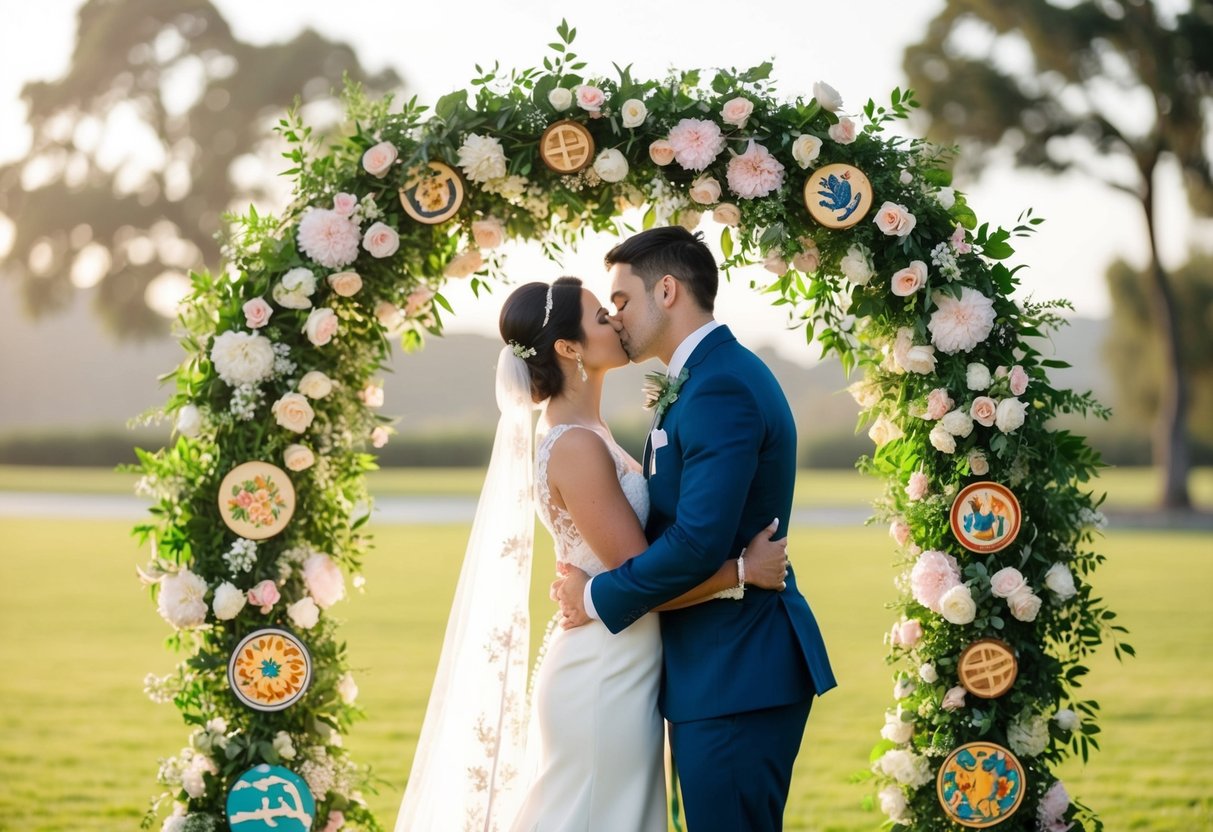 A bride and groom kiss under a floral arch, surrounded by traditional cultural symbols from various regions