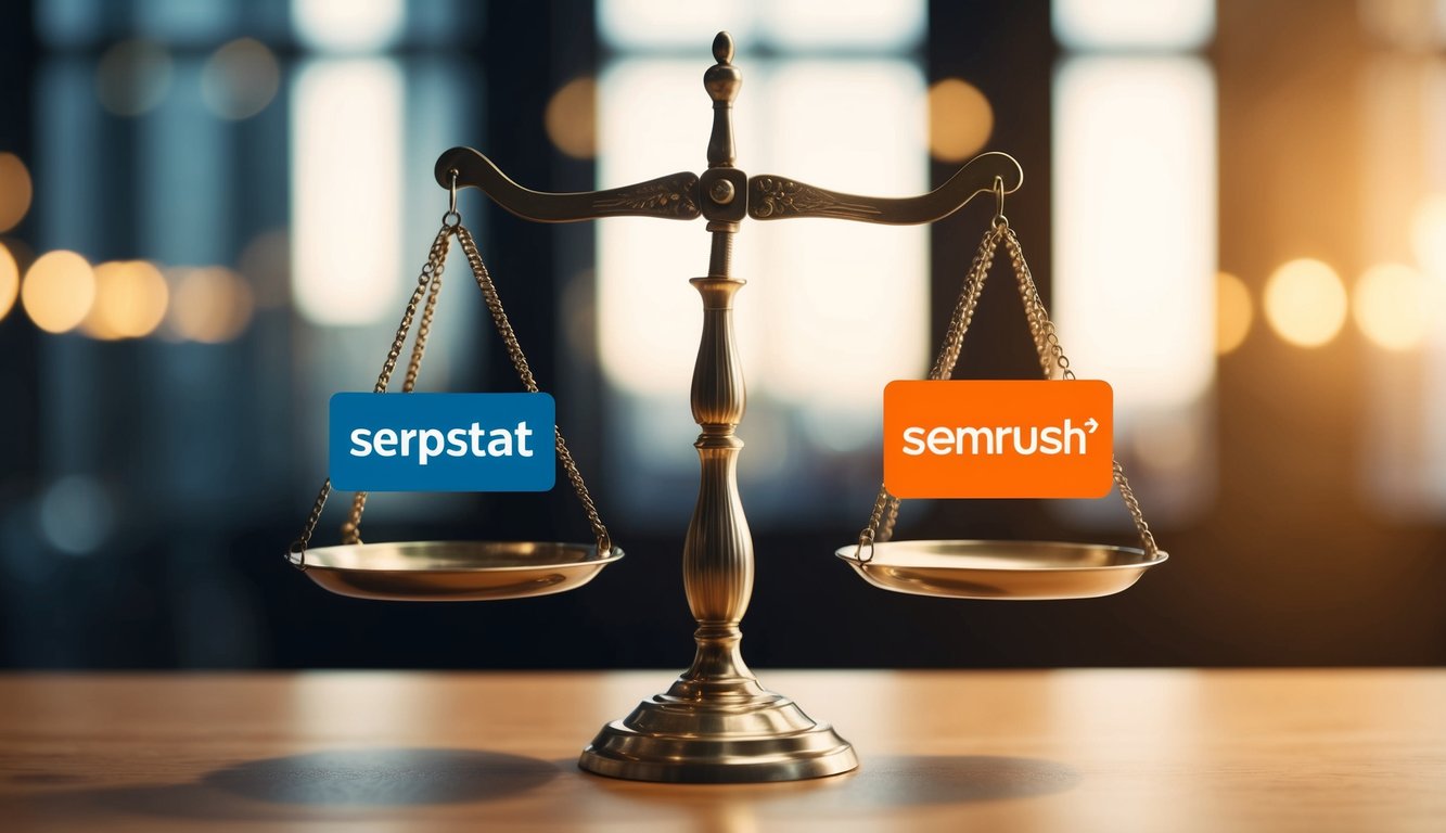 Two scales with serpstat and semrush logos on opposite ends, balanced evenly, representing pricing and value for money