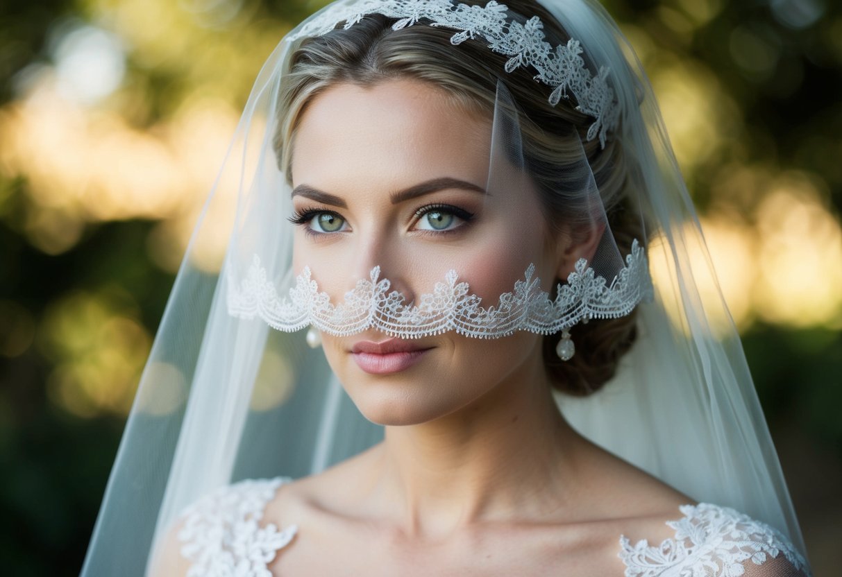 A bride holds a delicate lace veil over her face, casting a soft, romantic glow over her features