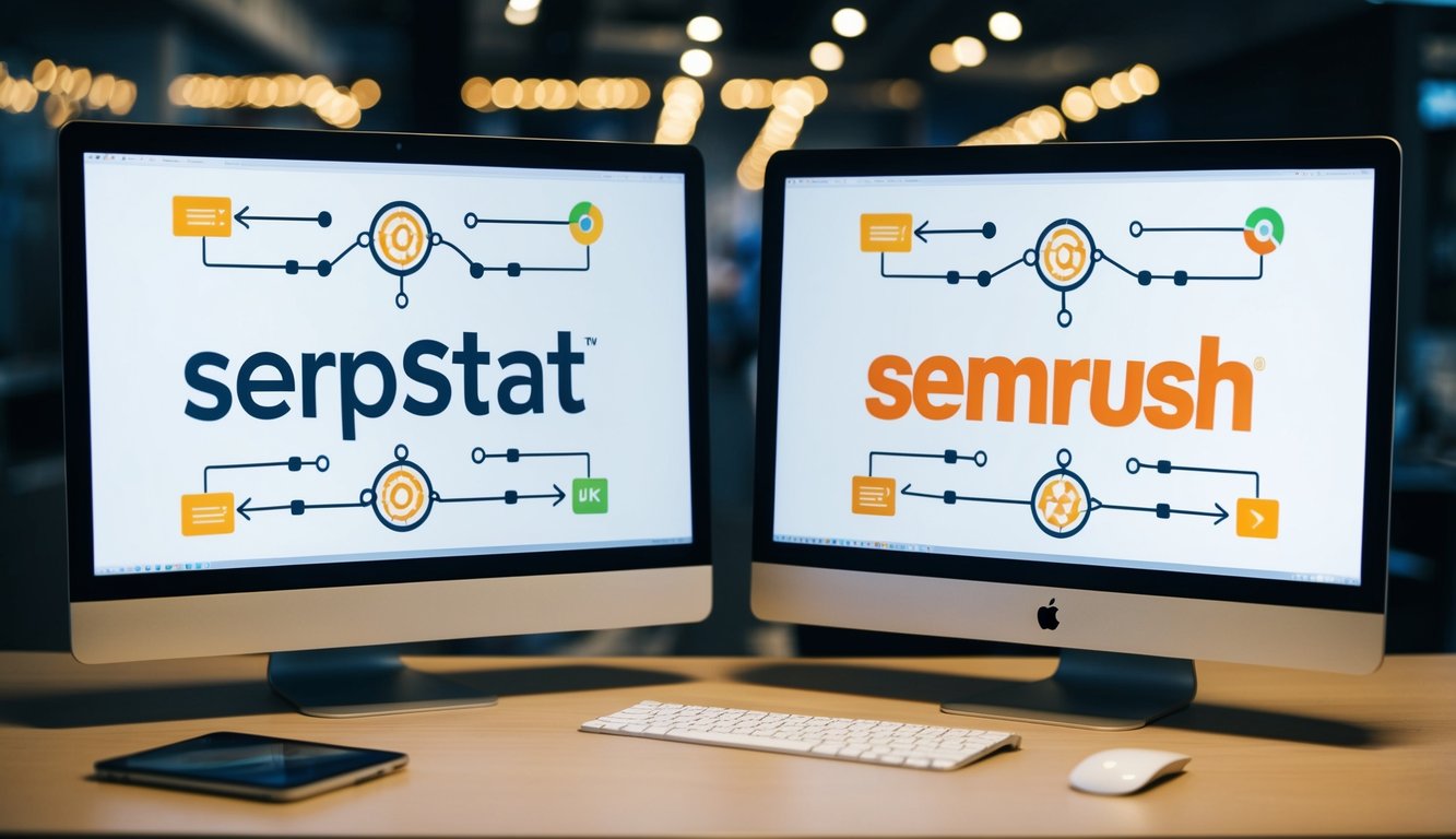 Two computer screens side by side, each displaying the logos of Serpstat and Semrush. A series of interconnected lines and arrows symbolize integrations and extra features