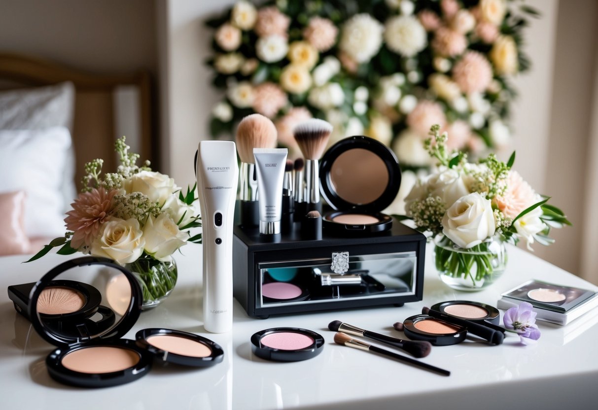 A bride's makeup station with airbrush and traditional makeup options, surrounded by flowers and bridal accessories