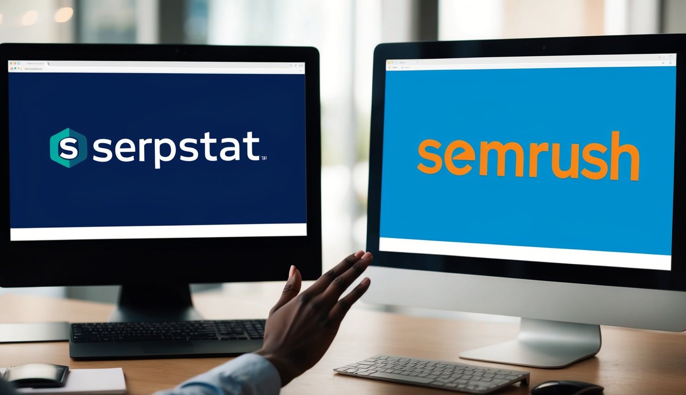 Two computer screens side by side, each displaying the logos of Serpstat and SEMrush. A person's hand hovers between them, seemingly pondering a decision