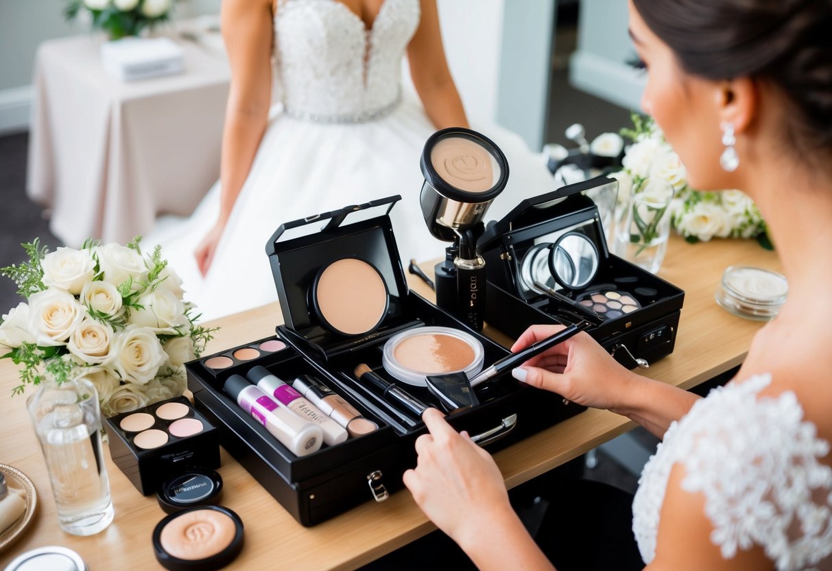 A makeup artist's table with airbrush and traditional makeup, surrounded by bridal accessories and a wedding dress
