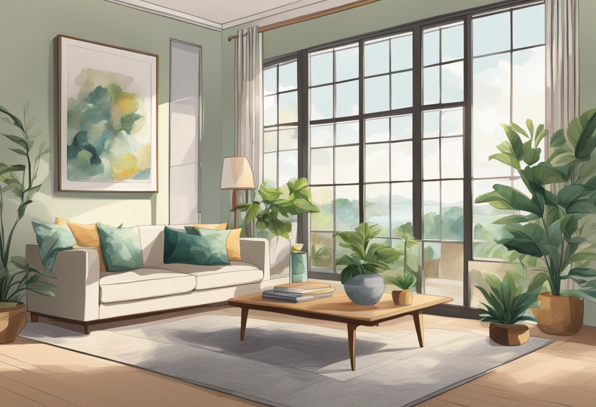 A serene living room with balanced furniture, natural light, and plants. A clear path leads to a focal point, creating a sense of harmony and tranquility