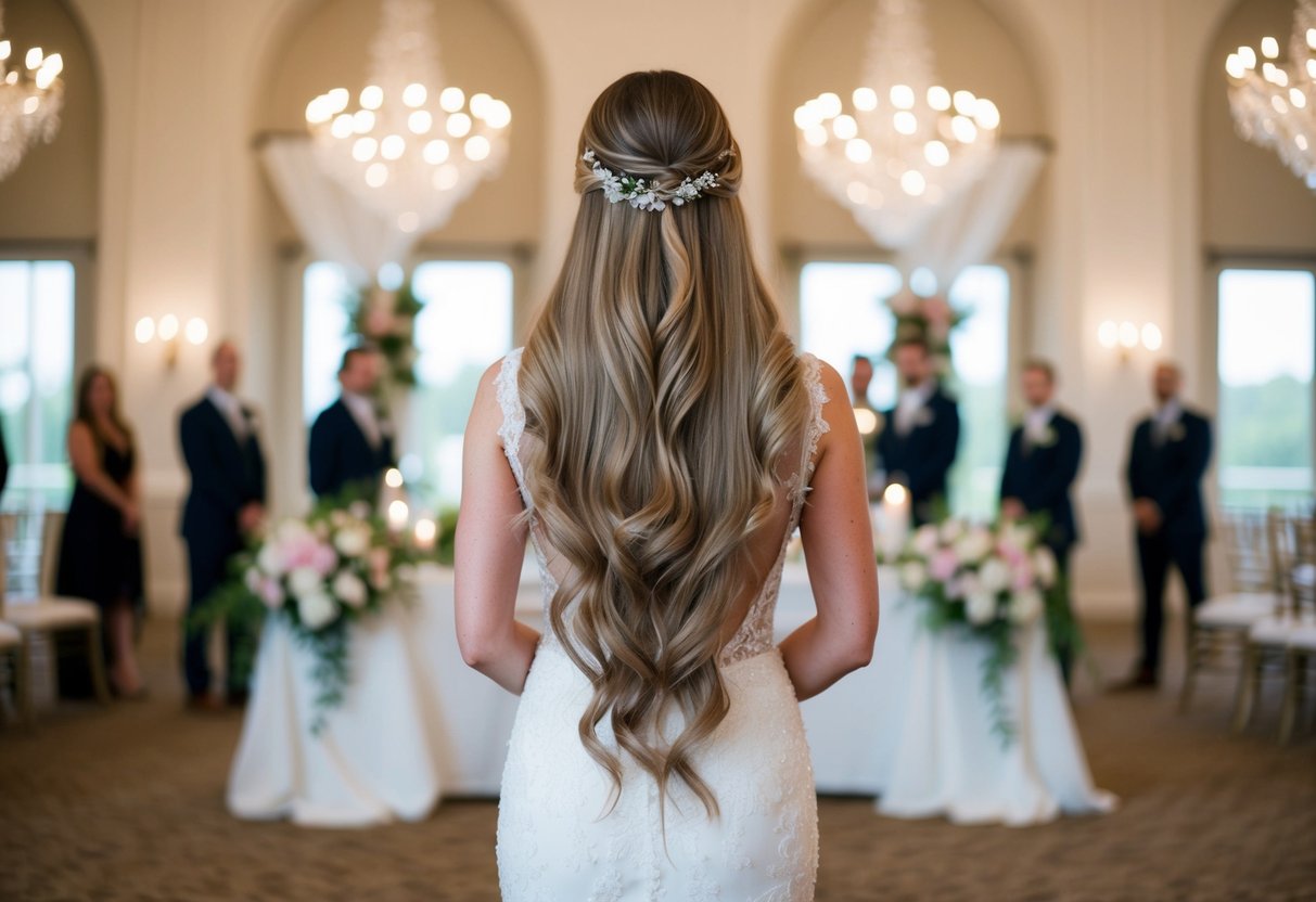 A woman's long, flowing hair cascades down her back as she stands in a elegant wedding venue, surrounded by flowers and soft lighting