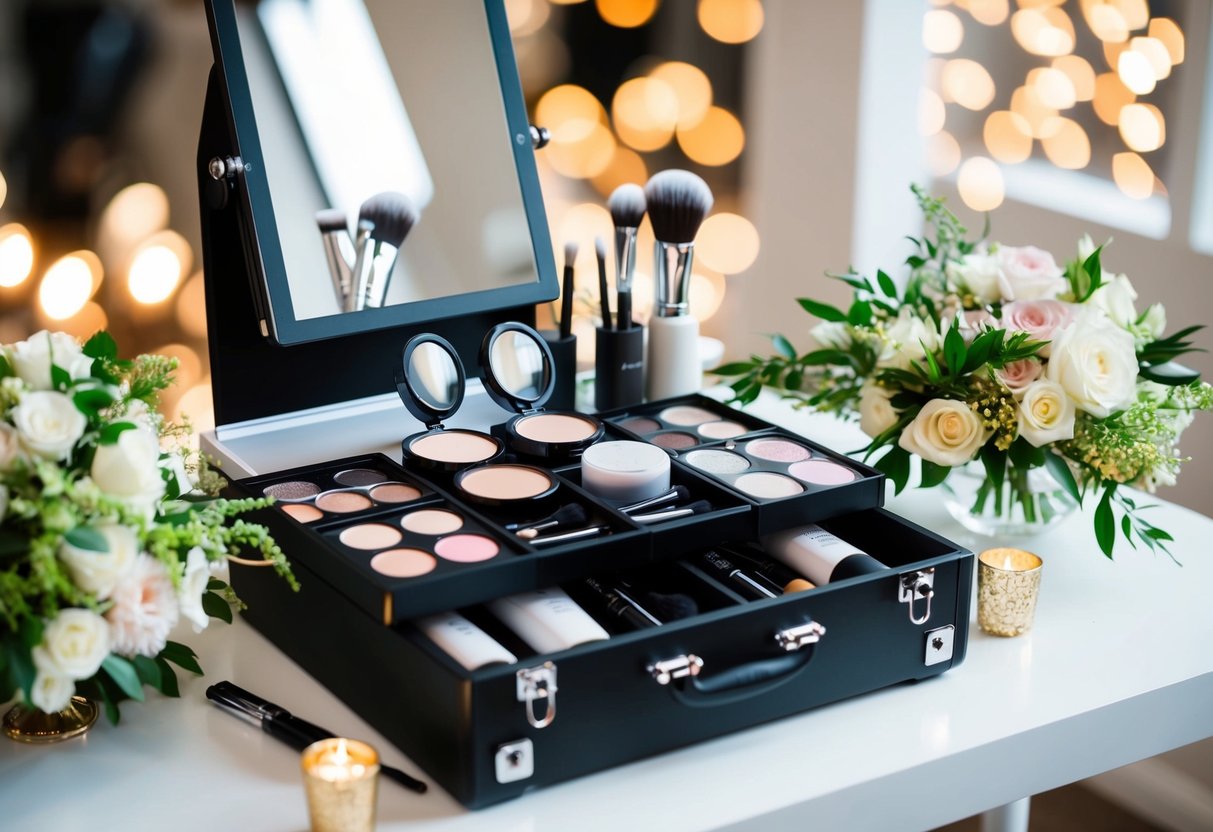 A makeup artist's table with airbrush and traditional makeup options, surrounded by bridal accessories and flowers