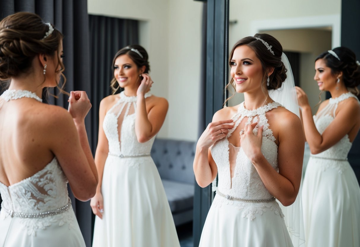 A bride stands in front of a mirror, wearing a wedding dress with a variety of neckline styles. She is experimenting with different hairstyles, considering whether to wear her hair down for the big day