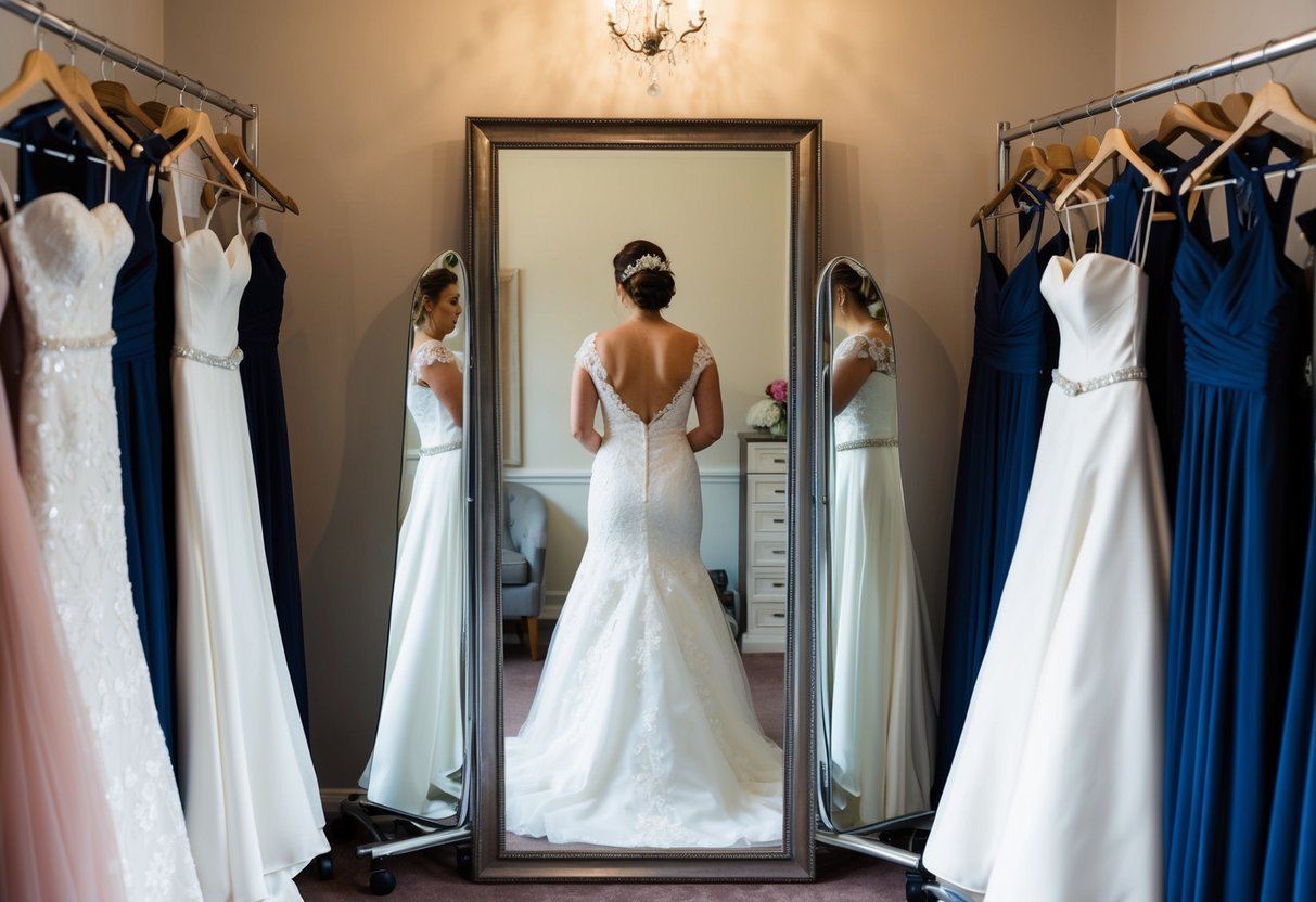 A bride-to-be stands in front of a full-length mirror, surrounded by wedding dresses, contemplating whether to do her hair and makeup before trying them on