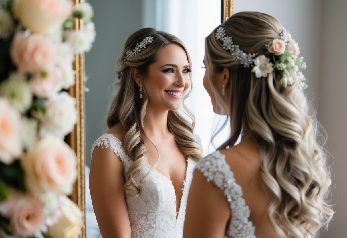 A bride with long, flowing hair adorned with delicate flowers and sparkly hairpins, smiling as she gazes into a mirror