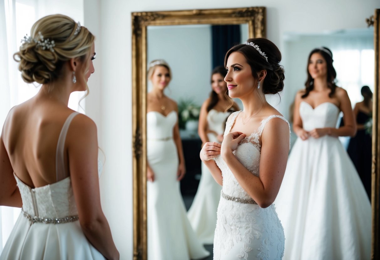 A bride-to-be stands in front of a full-length mirror, trying on different wedding dresses while contemplating whether to do her hair and makeup
