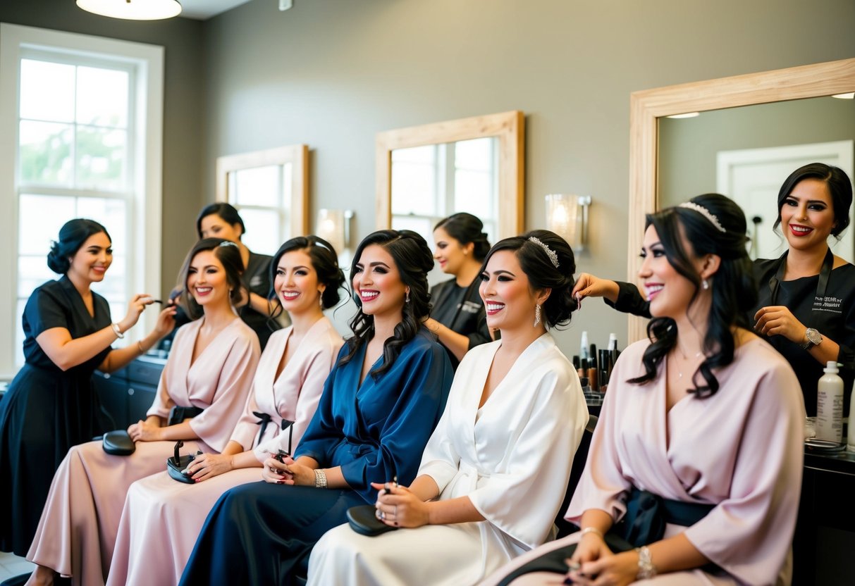 A group of bridesmaids sit in a salon, each getting their hair and makeup done by professional stylists. They chat and laugh as they prepare for the wedding