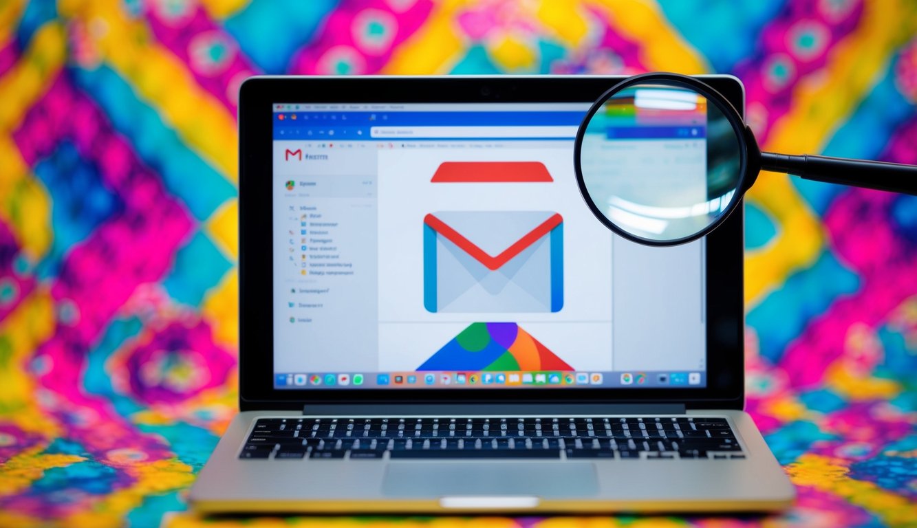 A laptop displaying an open Gmail inbox with a magnifying glass hovering over the screen, surrounded by vibrant colors and patterns