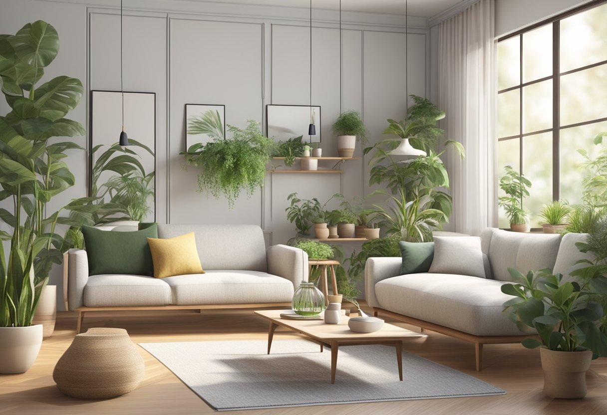 A serene and organized room with balanced furniture and natural elements, such as plants and flowing water, creating a harmonious and peaceful atmosphere
