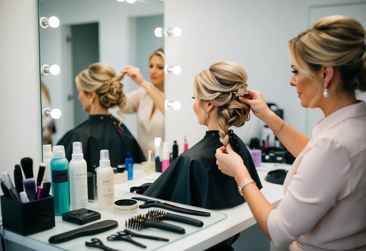 A hairstylist carefully arranging bridal hair in an elegant updo, surrounded by a variety of styling tools and products on a clean, organized workstation