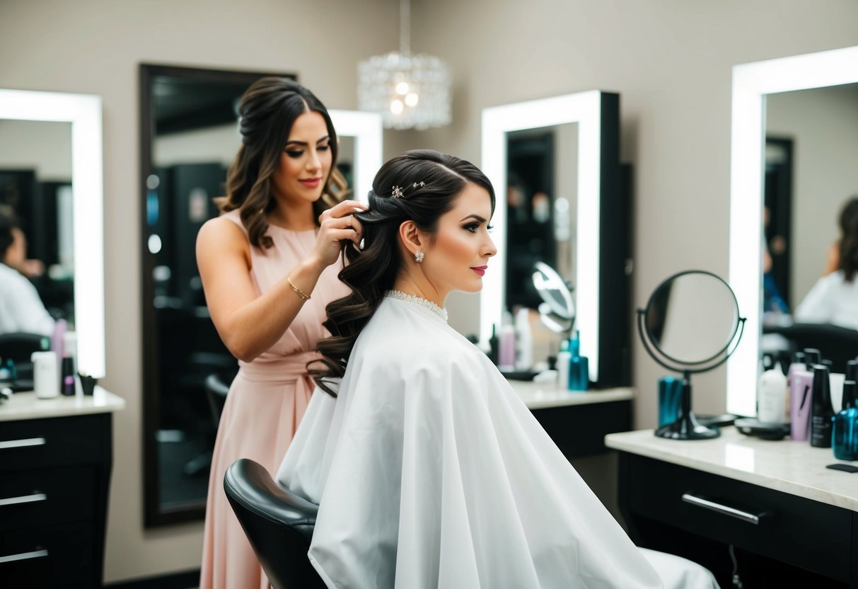A bride sits in a salon chair, surrounded by mirrors and hair styling tools. A hairstylist carefully works on her hair, creating an elegant and perfect wedding hairstyle