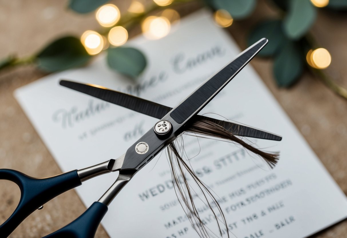 A pair of scissors cutting through a lock of hair, with a wedding invitation in the background
