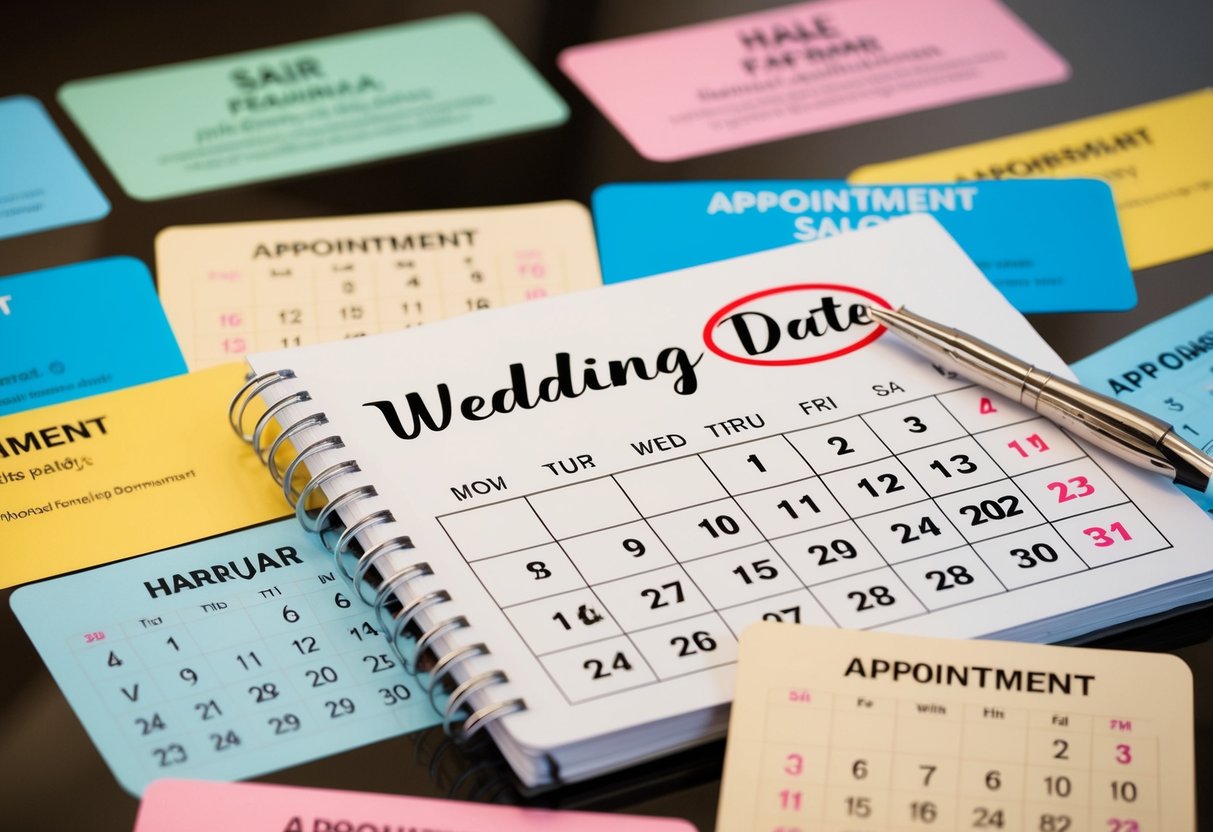A calendar with wedding date circled, surrounded by hair salon appointment cards with different dates