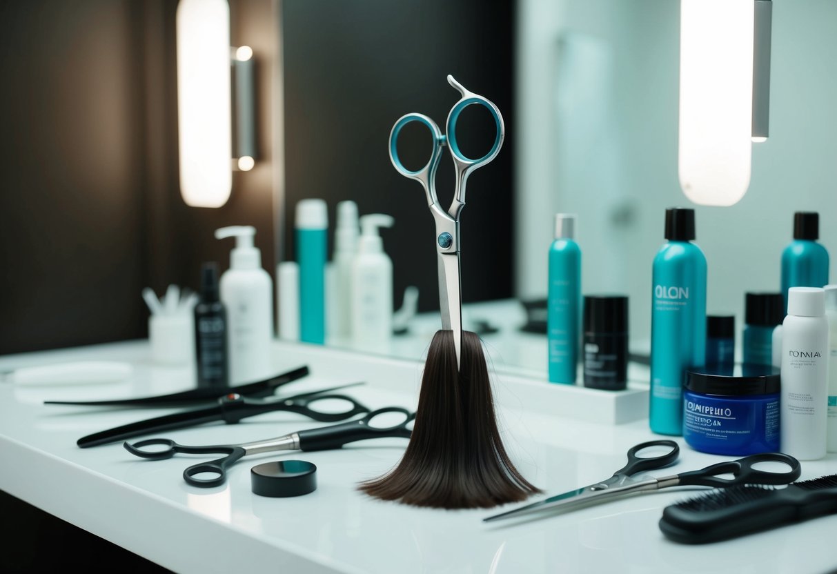 A pair of scissors poised above a strand of hair, surrounded by various grooming tools and products on a clean, well-lit vanity