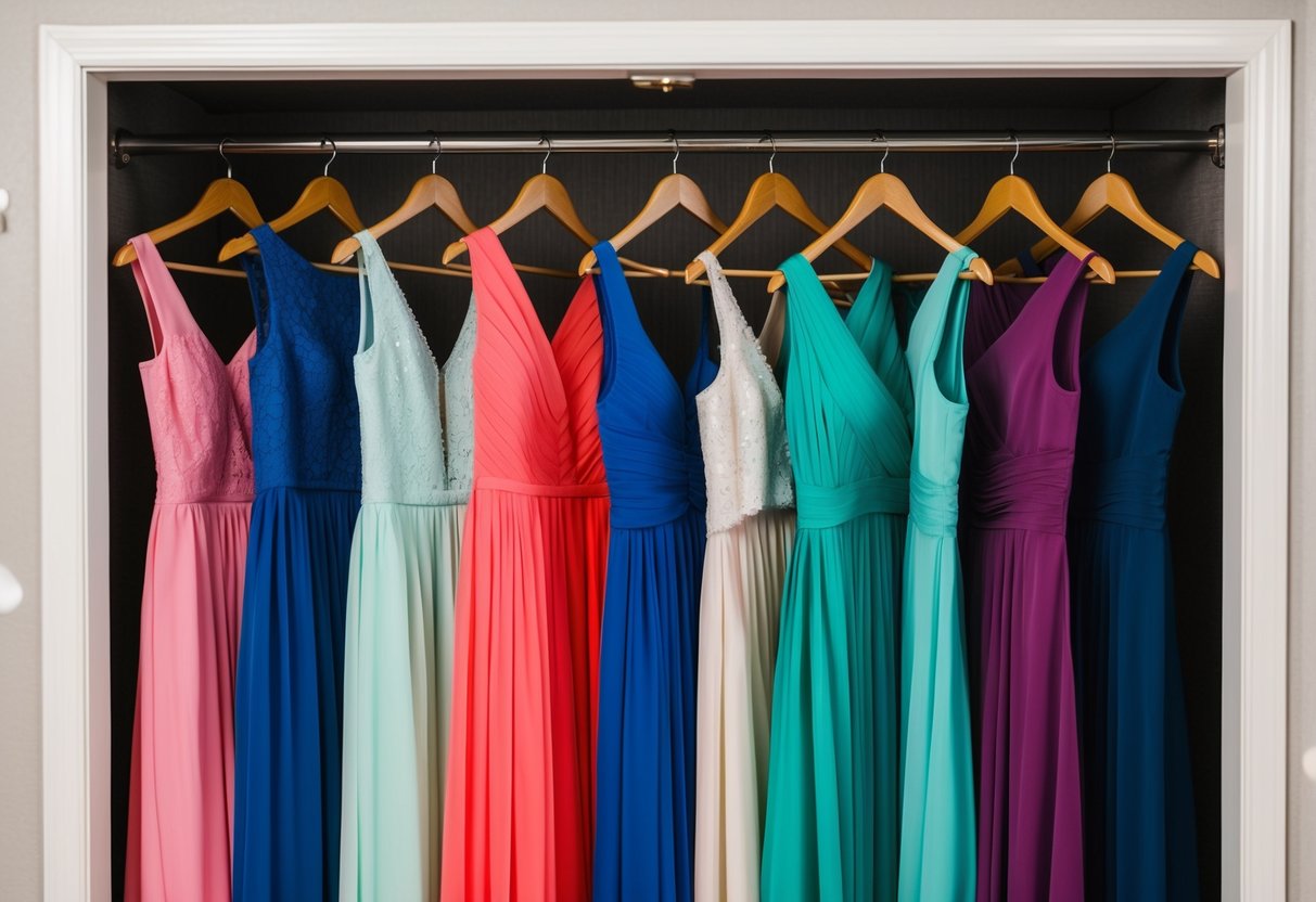 A closet filled with colorful bridesmaid dresses hanging neatly on hangers
