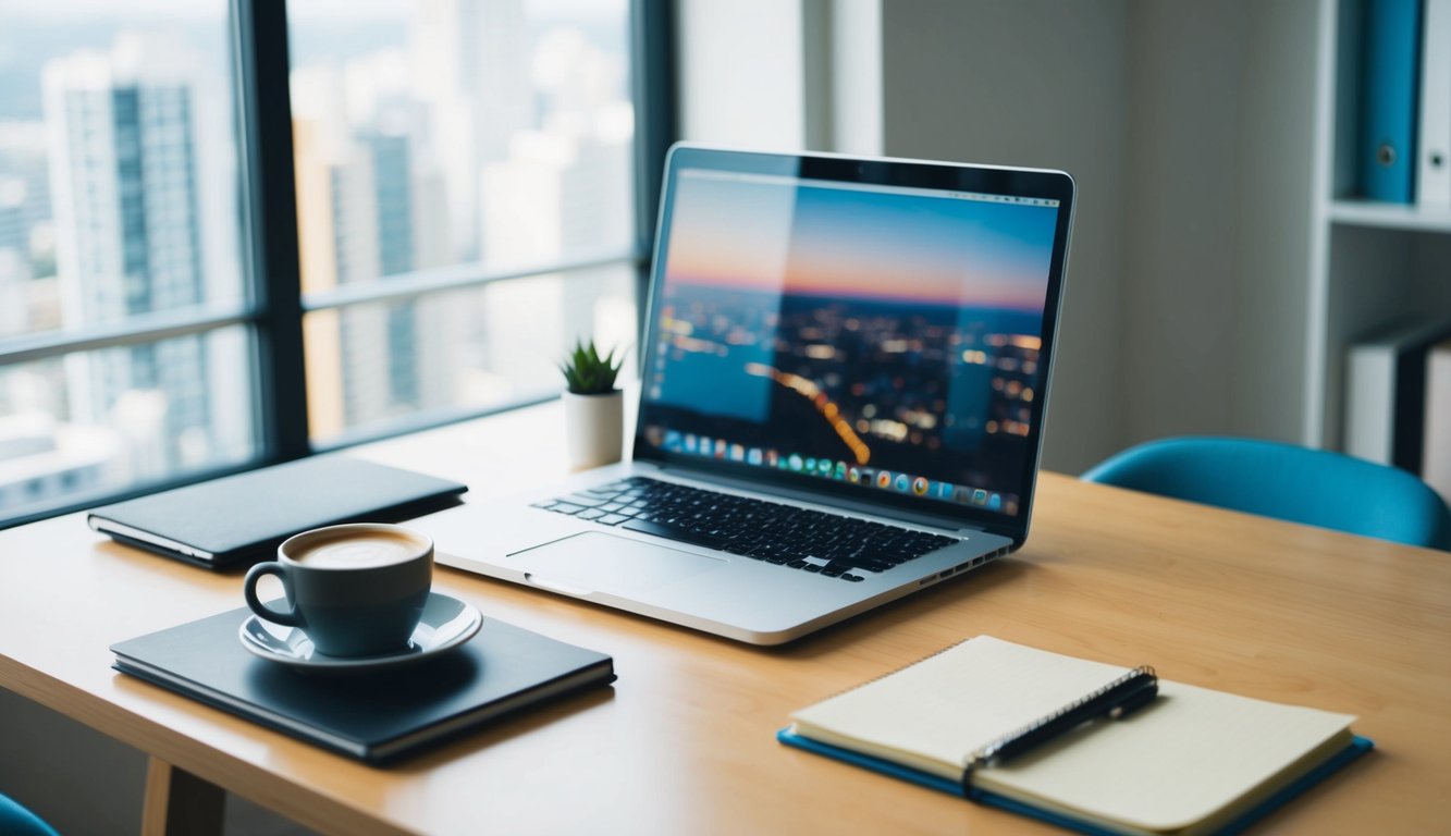 A desk with a laptop, notebook, and pen. A cup of coffee sits nearby. The room is bright and organized, with a window showing a cityscape