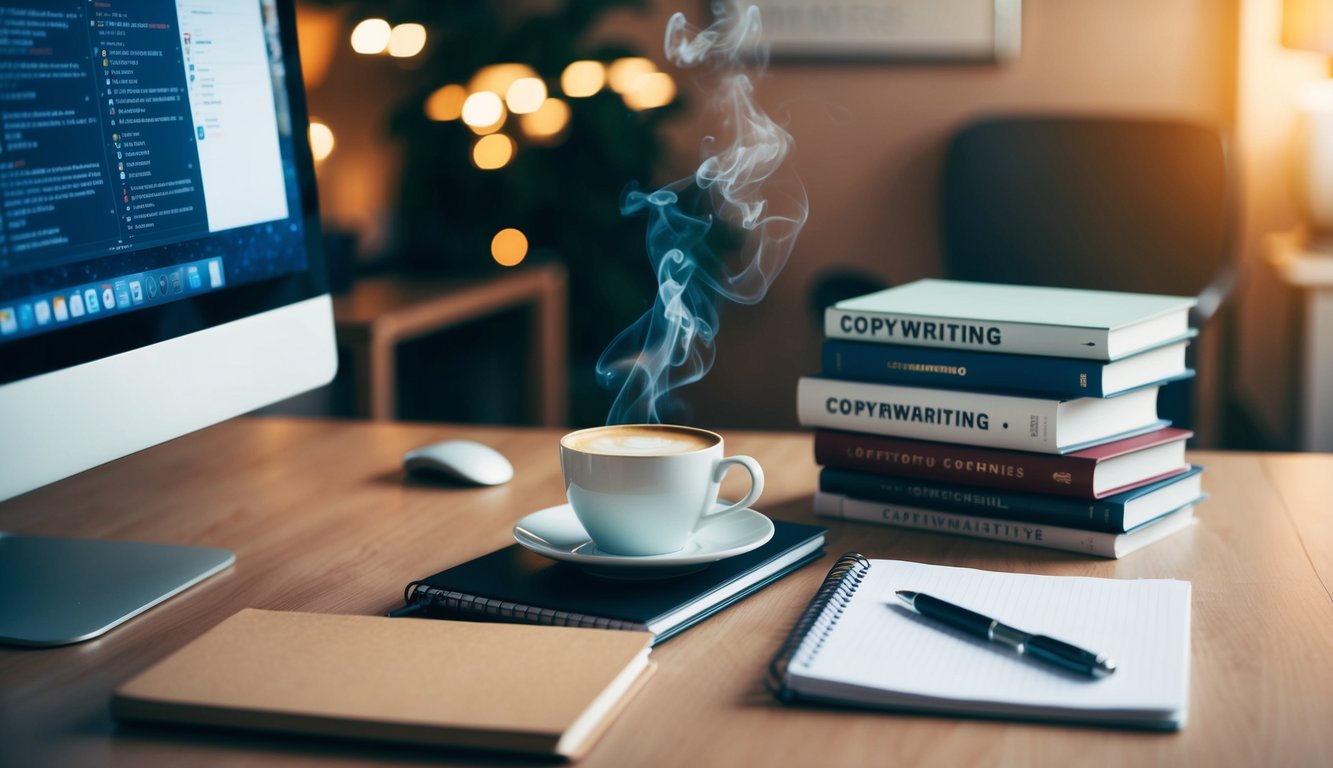 A cozy, well-lit office space with a computer, notebook, and pen. A steaming cup of coffee sits next to a stack of books on copywriting