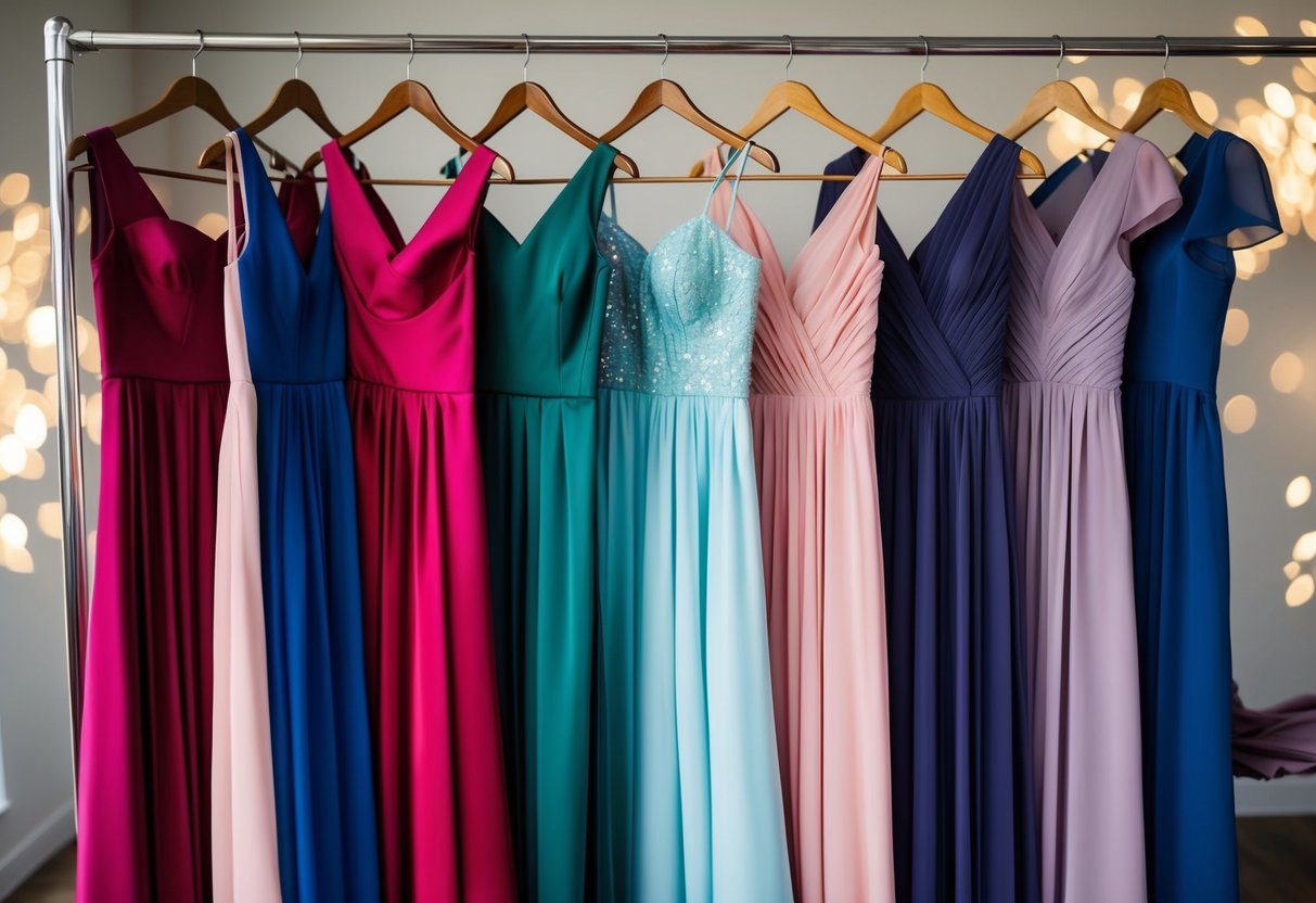 Bridesmaid dresses hung neatly in a row on a clothing rack. Each dress was a different style and color, waiting to be chosen by its wearer