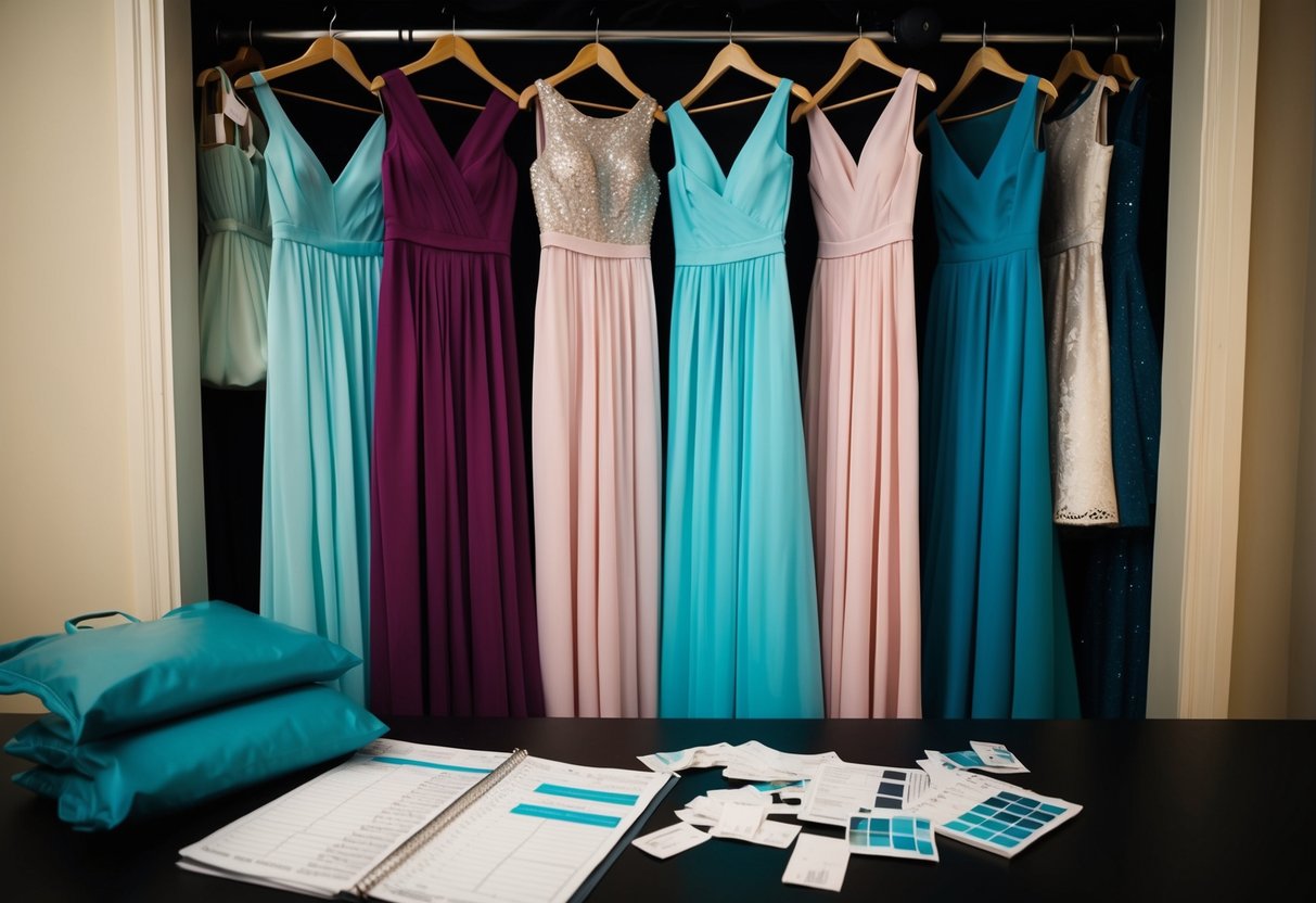 Bridesmaid dresses hung in a closet, some in garment bags, others on hangers. A budget spreadsheet lay open on a desk, with receipts and swatches scattered around