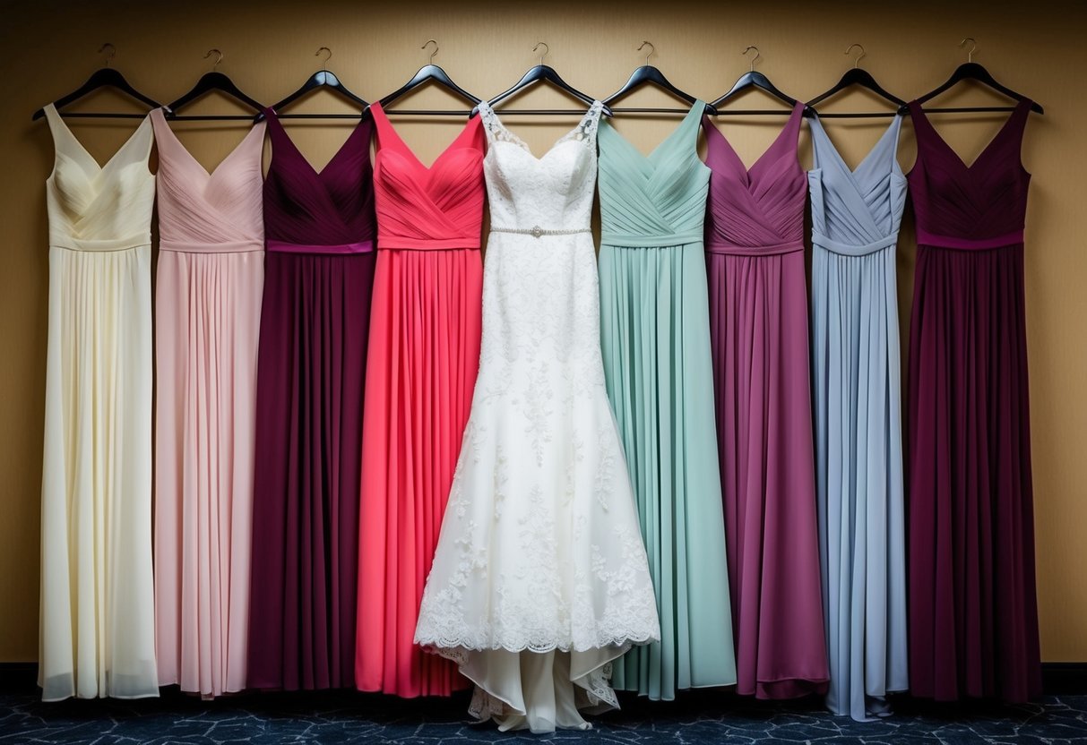 Bridesmaids' dresses hang in a row, matching the wedding theme with coordinating colors and styles