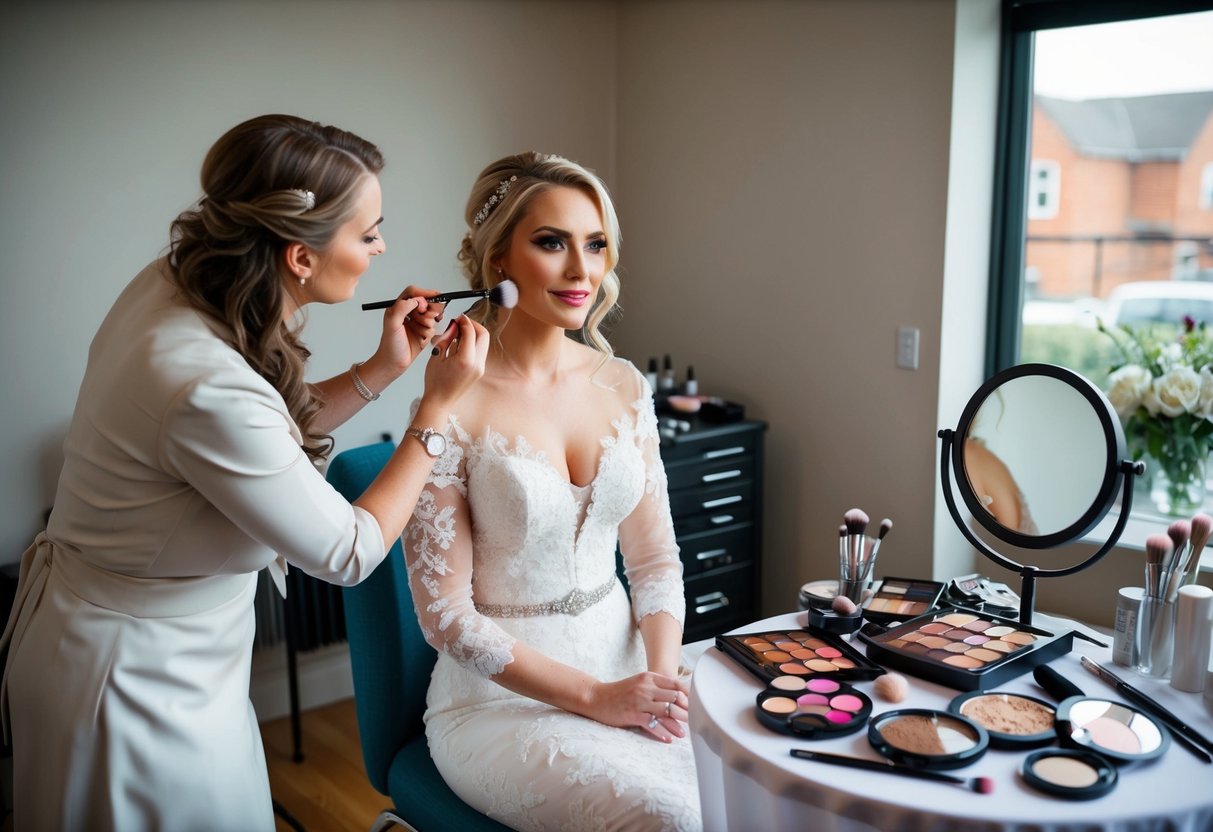 A bride sits in a chair as a makeup artist applies makeup. Brushes, palettes, and a mirror are scattered on the table