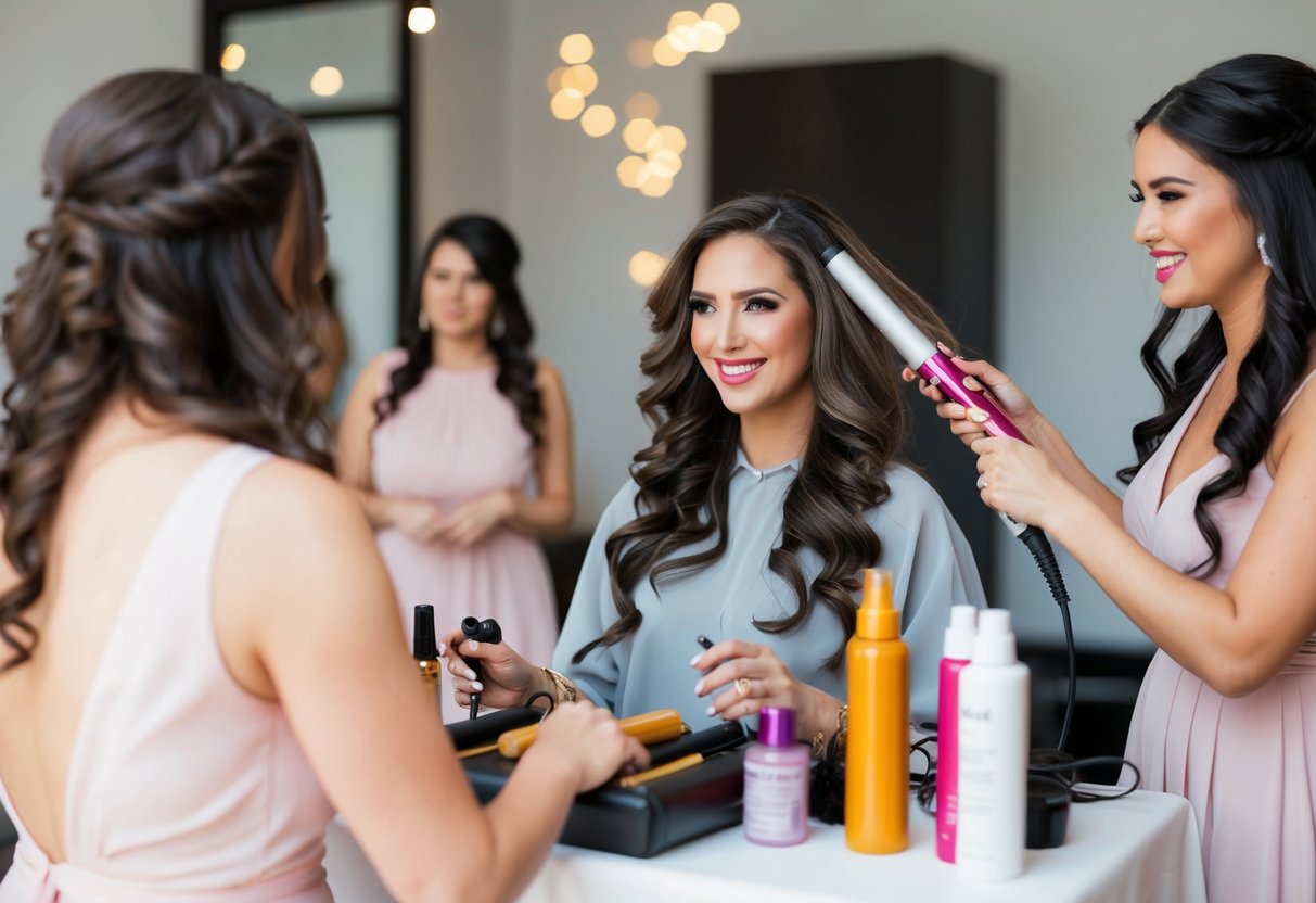 A hairstylist working on bridesmaid's hair, using curling iron and hair products on a table