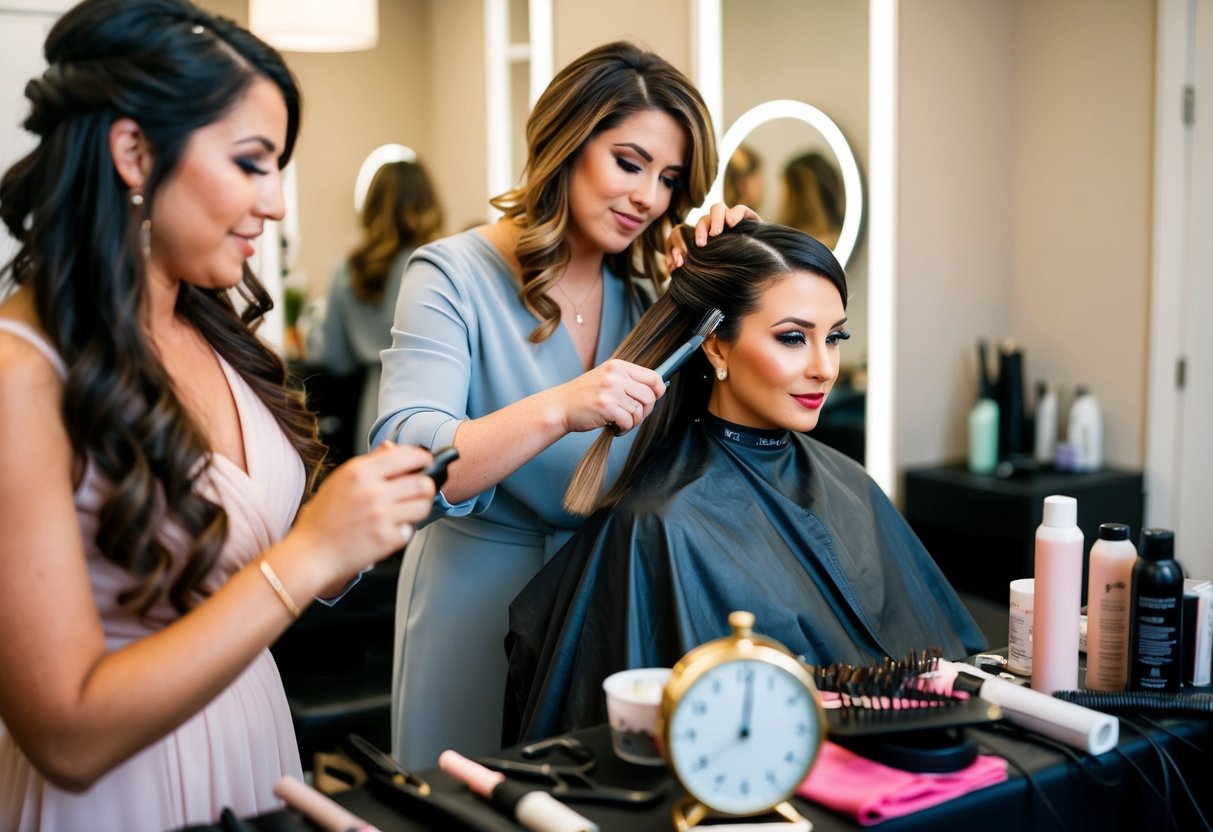 A hairstylist working on bridesmaid hair, surrounded by hair tools and products, with a timer set for the allotted time