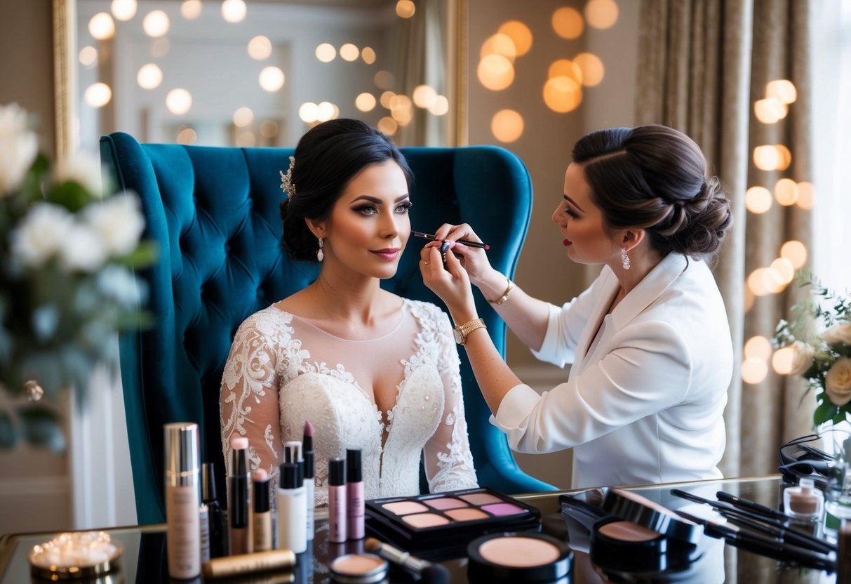 A bride sitting in a luxurious chair, surrounded by a variety of high-end makeup products and tools. A makeup artist carefully applying makeup, creating a flawless bridal look