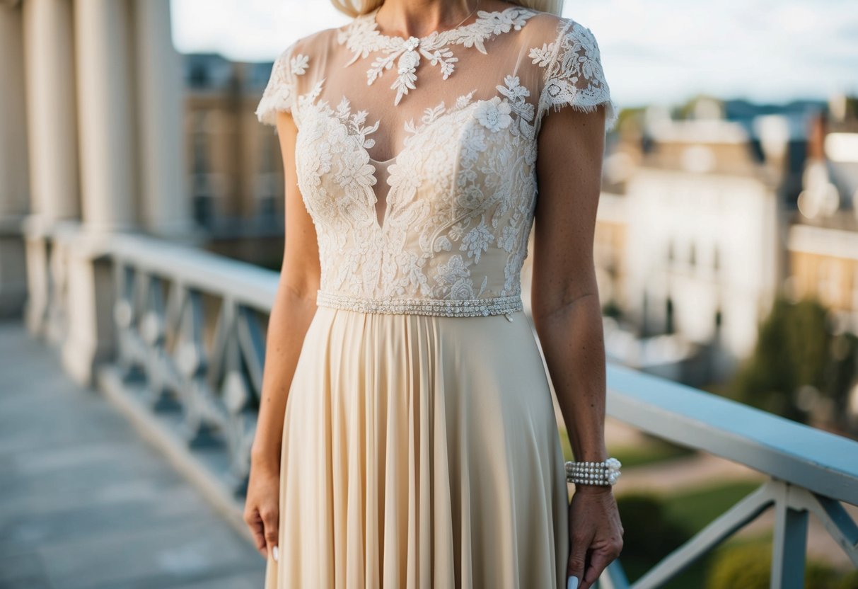 A mother of the bride dress in a soft champagne color, with delicate lace detailing and a flowing silhouette
