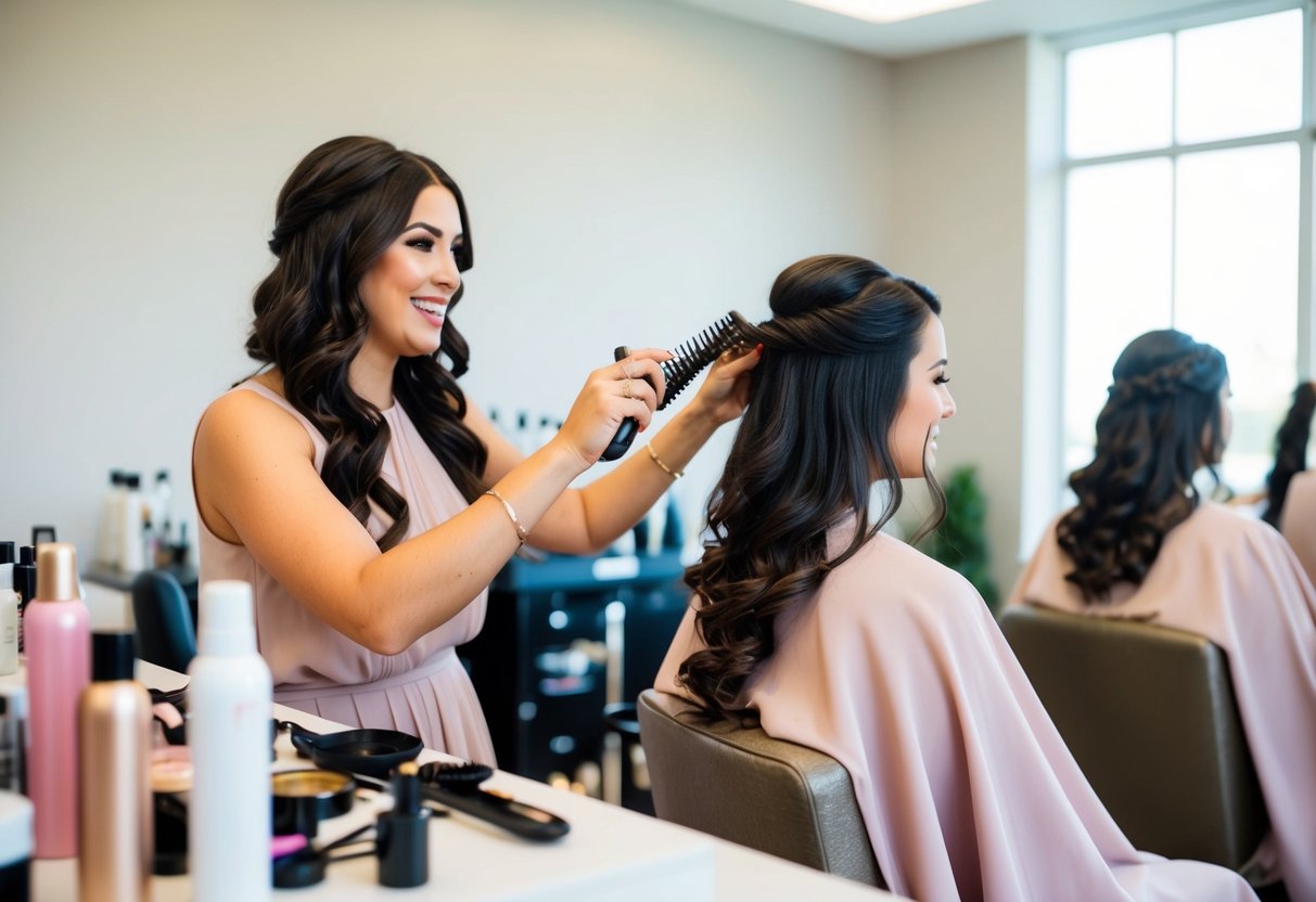 A hairstylist working on bridesmaid's hair, surrounded by beauty products and tools in a well-lit and spacious room