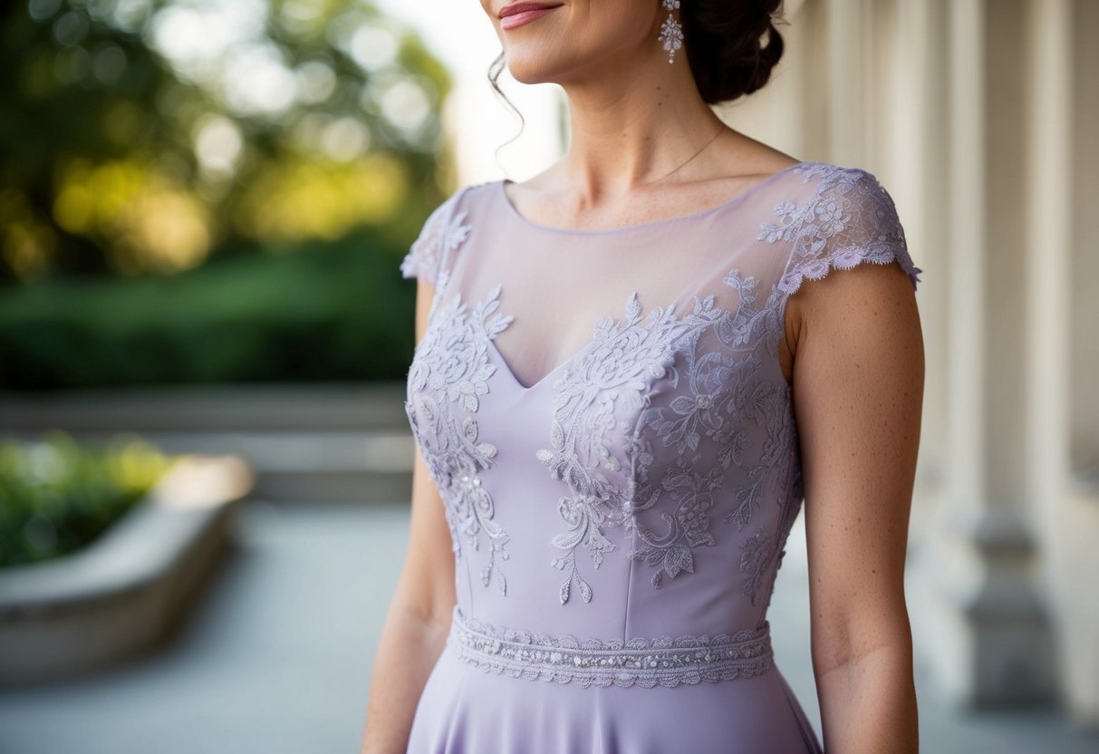 A mother of the bride dress in a soft, elegant shade of lavender, with delicate lace detailing and a flattering silhouette