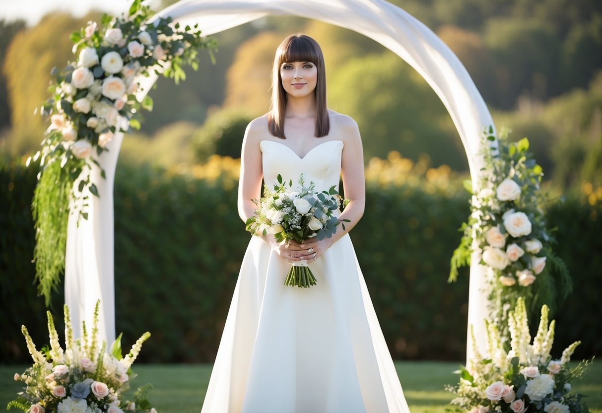 A bride with straight hair stands in a white gown, holding a bouquet, surrounded by flowers and a wedding arch