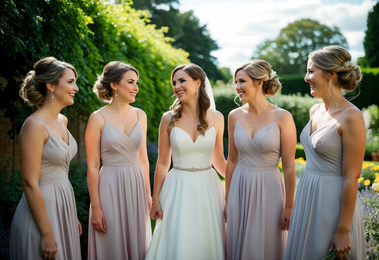 Five bridesmaids with flowing hair stand in a garden, chatting and laughing as they prepare for the wedding