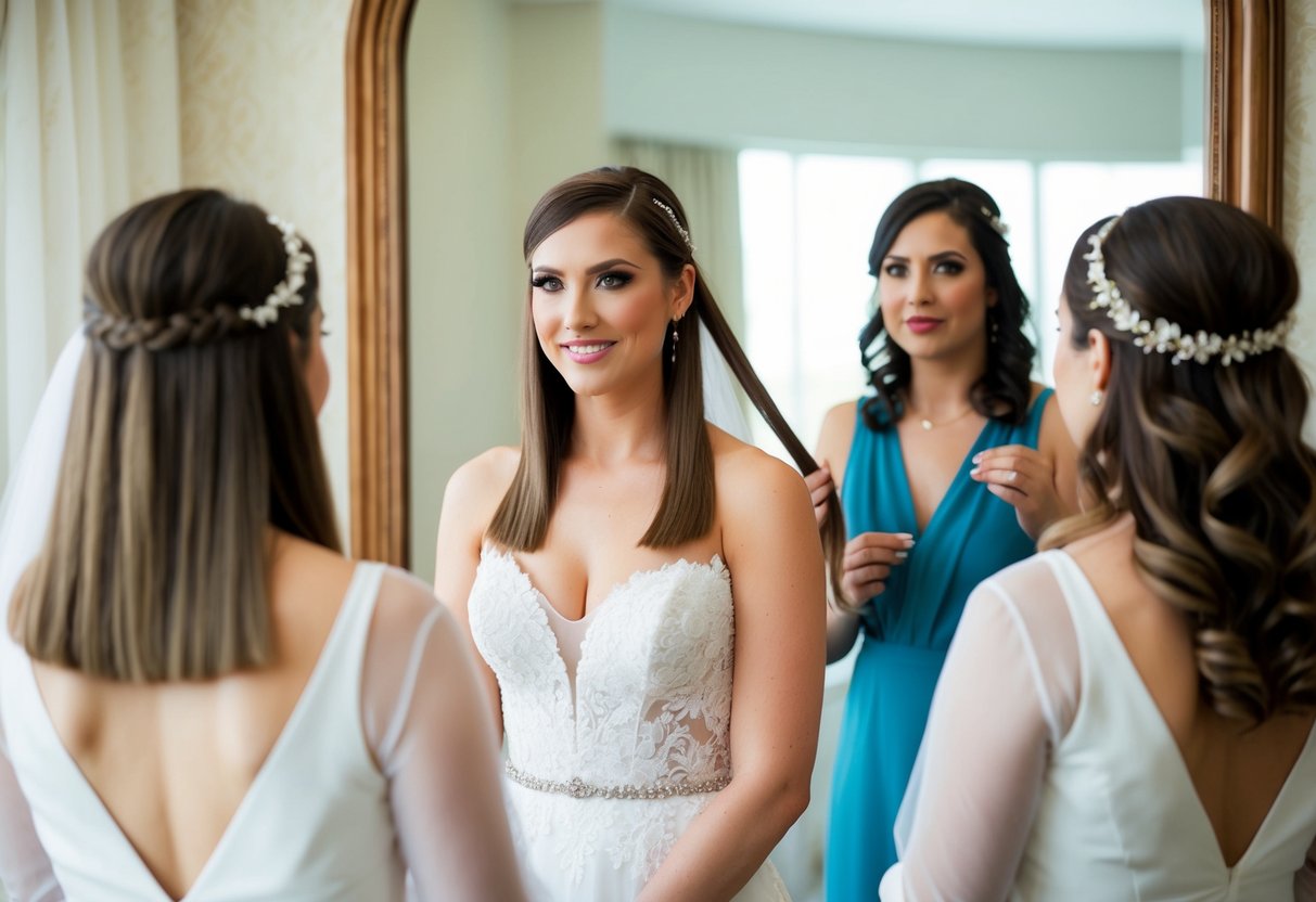 A bride with straight hair stands in front of a mirror, trying on different bridal hairstyles, while a hairstylist looks on with a critical eye