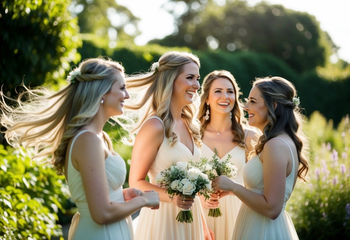 Bridesmaids with flowing hair stand in a garden, smiling and chatting. The sunlight catches the strands, creating a soft, romantic atmosphere