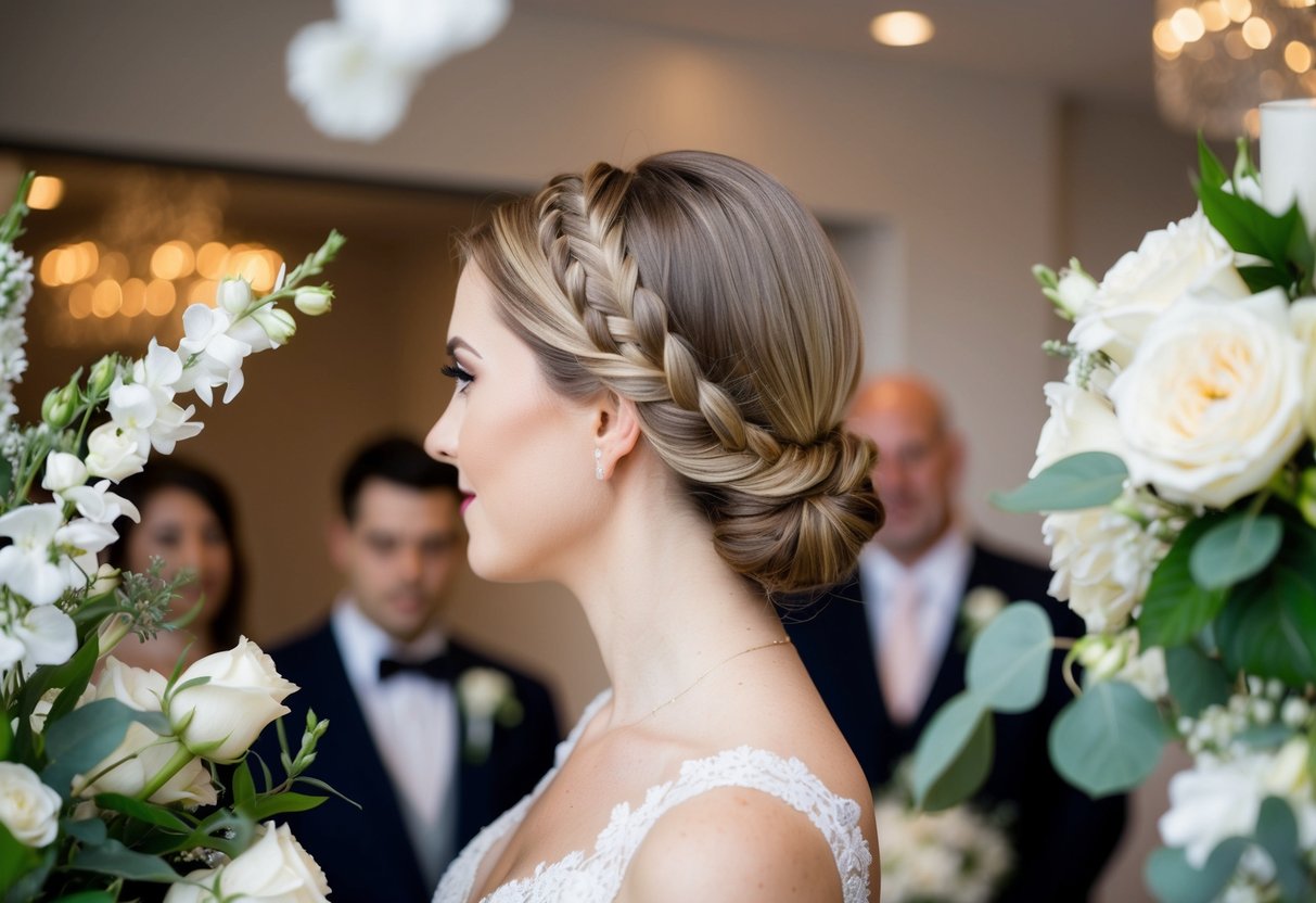 A bride with straight hair wearing an elegant updo or braid, surrounded by wedding decor and flowers