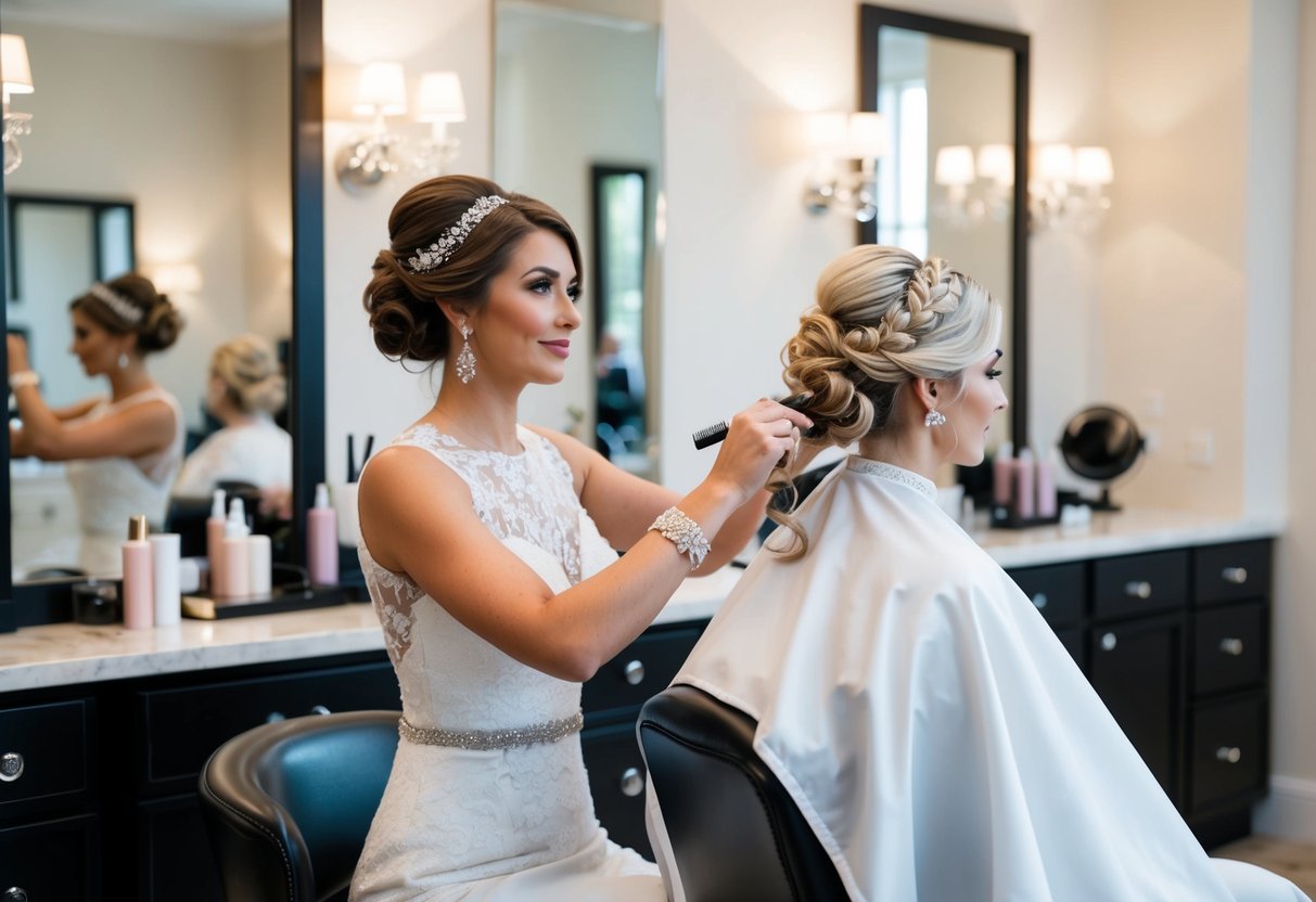 A bride sits in a luxurious salon chair, surrounded by mirrors and elegant hair accessories. A stylist carefully crafts an intricate updo, using expensive products and tools