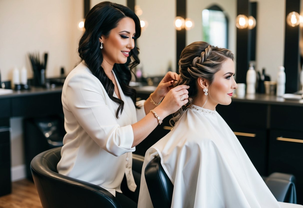 A bride sitting in a luxurious salon chair, surrounded by hairstyling tools and products. A skilled stylist carefully customizes her intricate bridal hairstyle