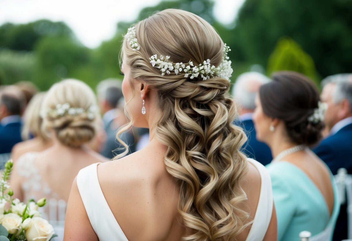 A wedding guest with long, flowing hair styled into elegant curls and adorned with delicate flowers