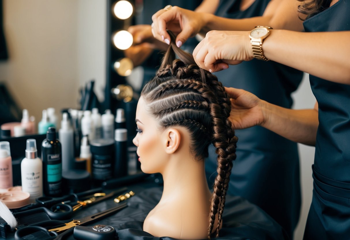 A hairstylist meticulously arranges intricate braids and curls on a mannequin head, surrounded by an array of hair products and tools