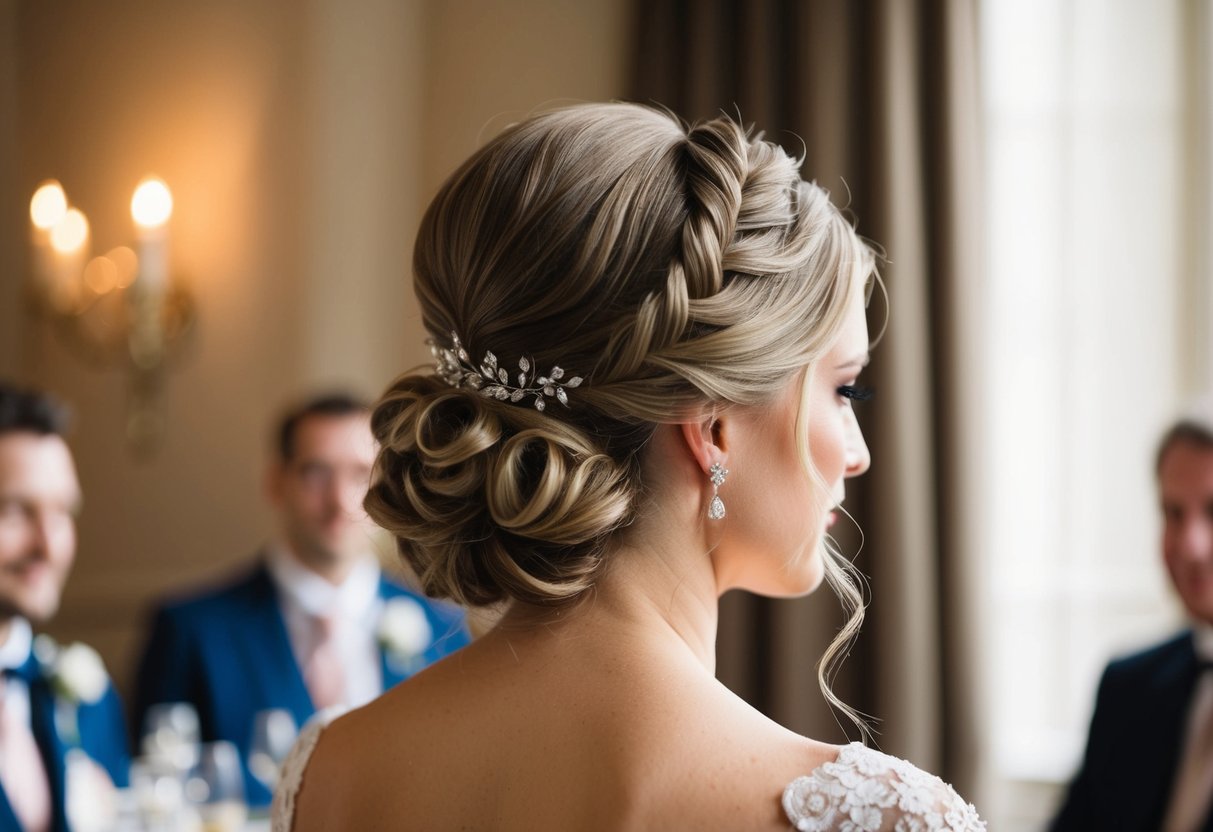 A wedding guest with a classic hairstyle, wearing a chic updo with loose curls and adorned with a delicate hair accessory