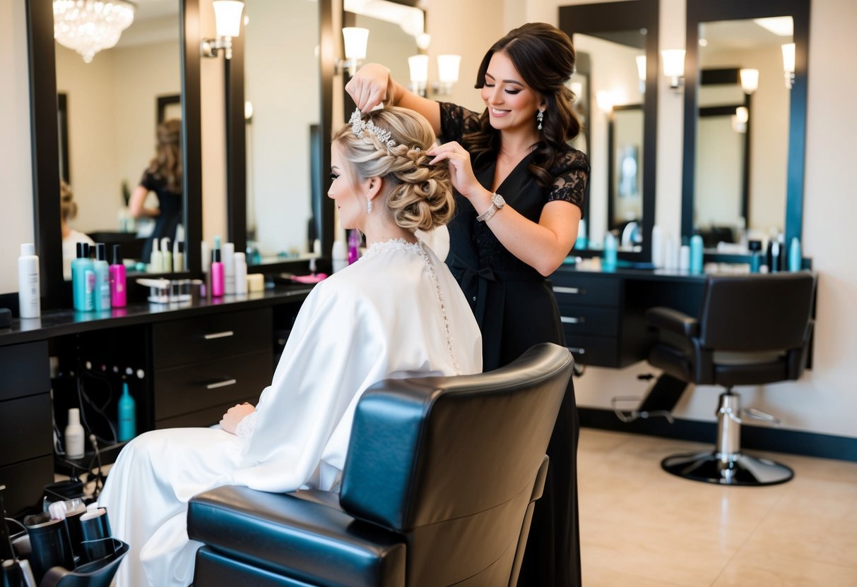 A bride sitting in a luxurious salon chair, surrounded by hairstyling products and a skilled stylist creating an intricate and elegant wedding day hairstyle