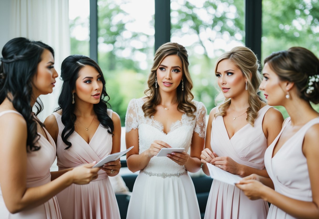A group of bridesmaids discussing wedding expenses and finances