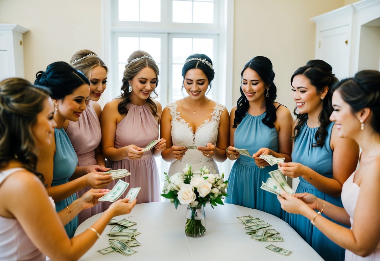 A group of bridesmaids gather around a table, counting money and discussing expenses for the upcoming wedding. They each hold out their contribution to the wedding fund