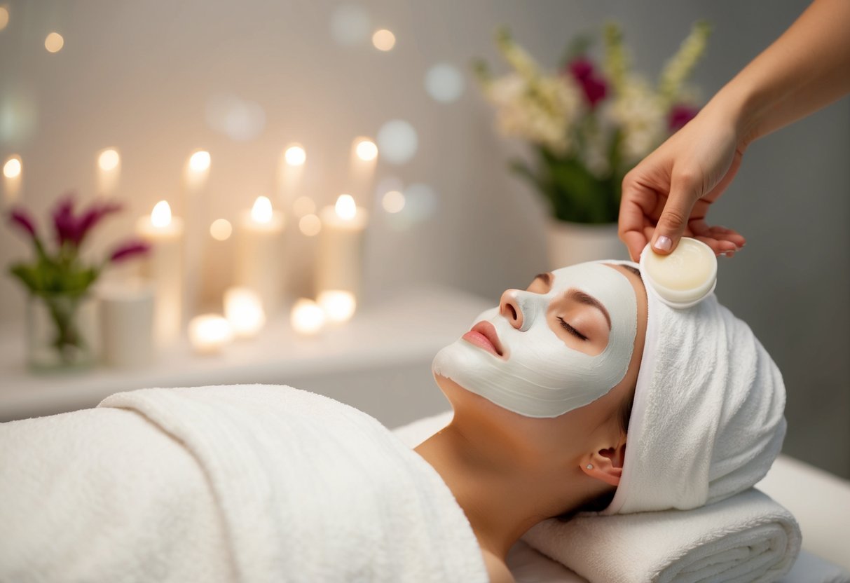 A serene spa with soft lighting, a luxurious facial mask, and a gentle massage