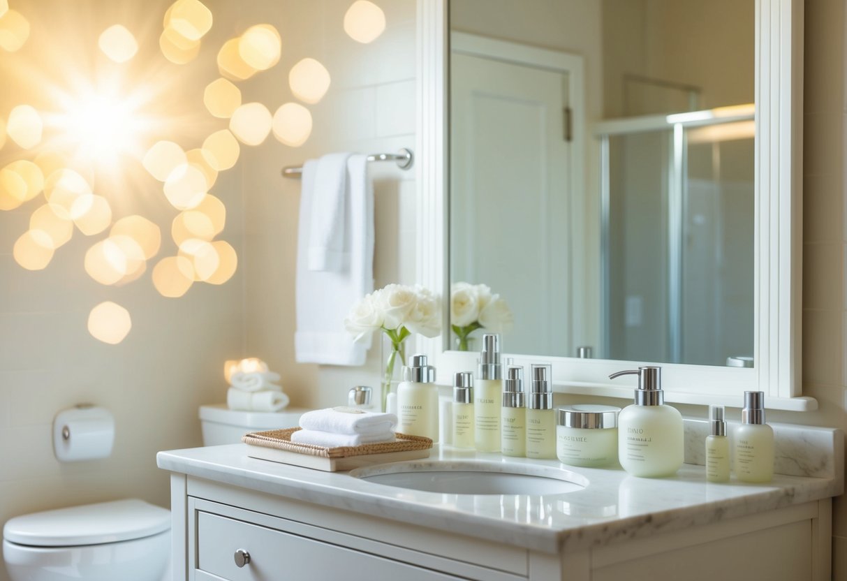 A serene, sunlit bathroom with a vanity adorned with skincare products and a mirror reflecting a radiant, glowing complexion